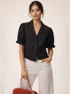 Maeve Black Collared Blouse Short Sleeve Button Front Size Large